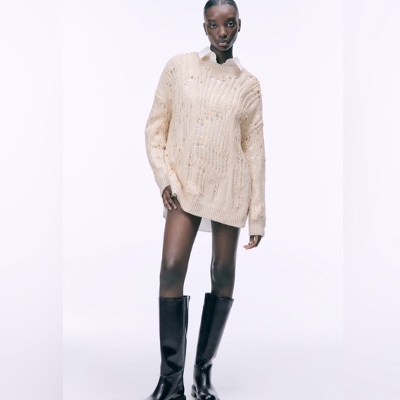 NWOT Zara open knit distressed cable knit sweater cream size M|L - Picture 1 of 7